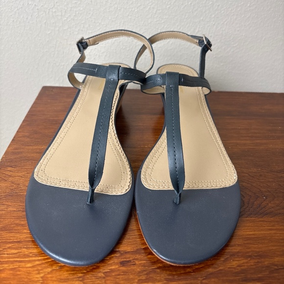 Brooks Brothers Shoes - Brooks Brothers Navy Leather T-Strap Cork Wedge Sandals Women’s Size 8.5